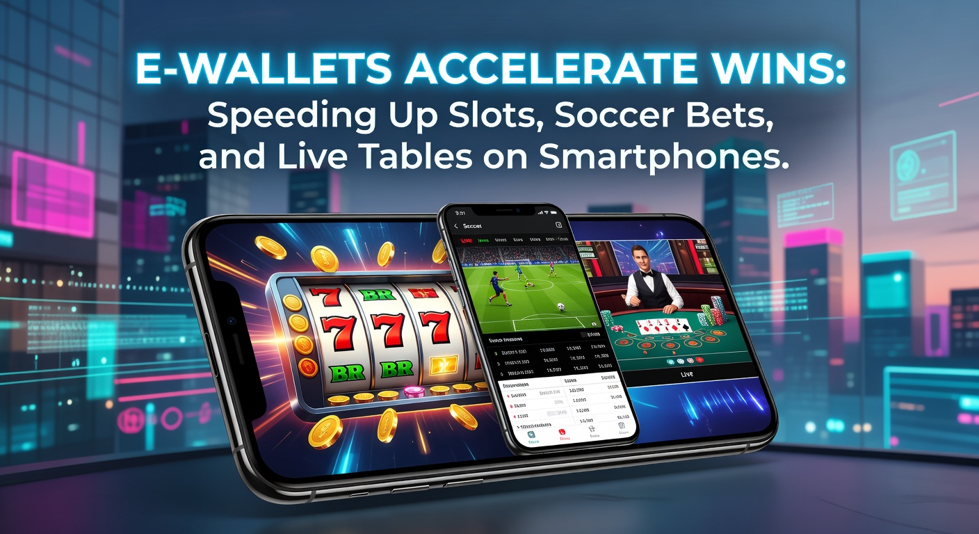 Smartphone mit E-Wallet-App und laufendem Slot-Spiel im Vordergrund, symbolisiert schnelle Transaktionen in Online-Glücksspielen