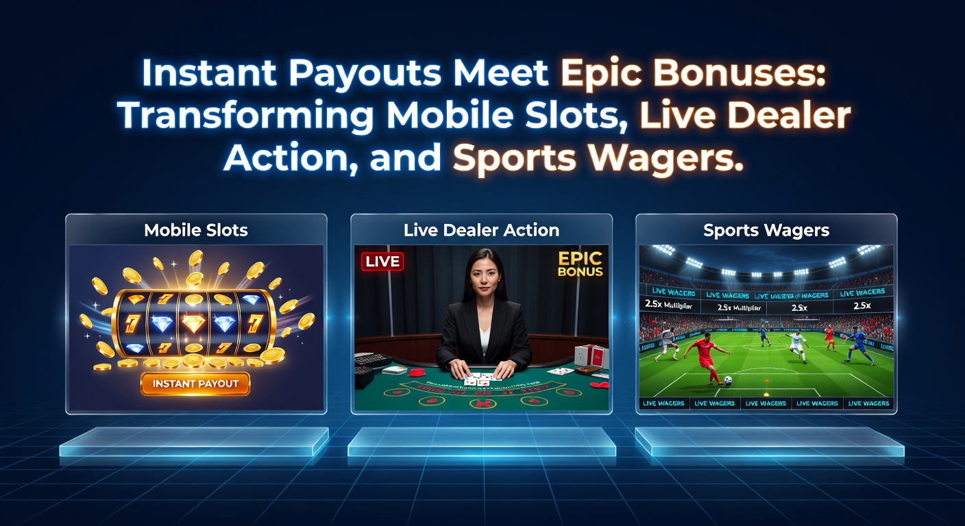 Smartphone zeigt dynamisches Mobile-Slot-Spiel mit Blitz-Auszahlungs-Symbol und Bonus-Overlay, während im Hintergrund Live-Dealer-Tische und Sportwetten-Quotes flimmern