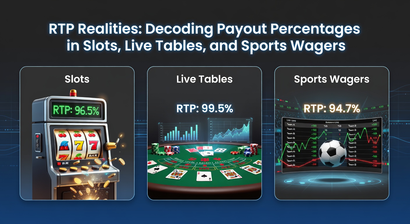Bunte Grafik mit RTP-Prozenten für Slots, Live-Tische und Sportwetten, die Auszahlungsraten vergleicht