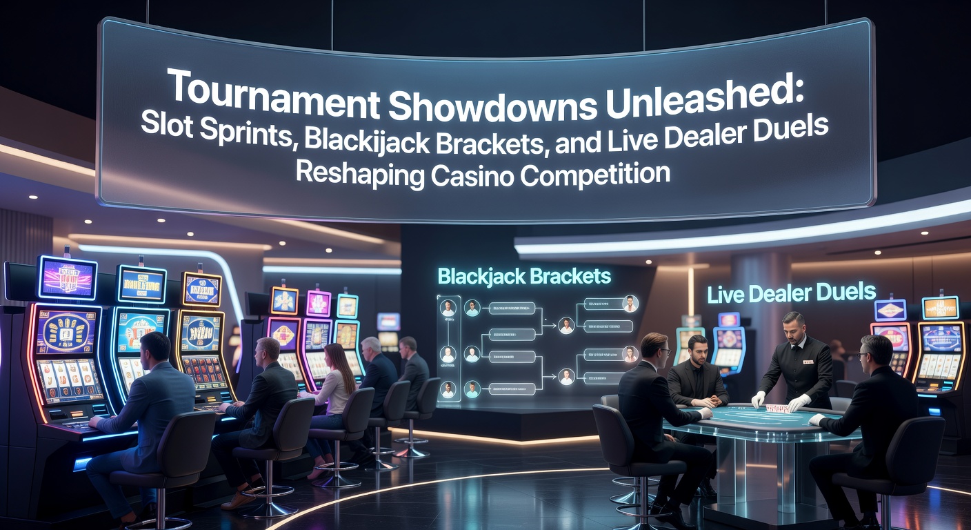 Spieler bei einem intensiven Slot-Turnier, Bildschirme leuchten mit drehenden Walzen und Leaderboards