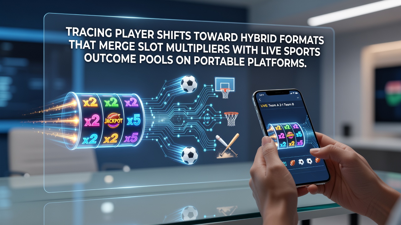 Illustration hybrider Spielformate auf mobilen Geräten mit Slot-Multiplikatoren und Sport-Ergebnispools