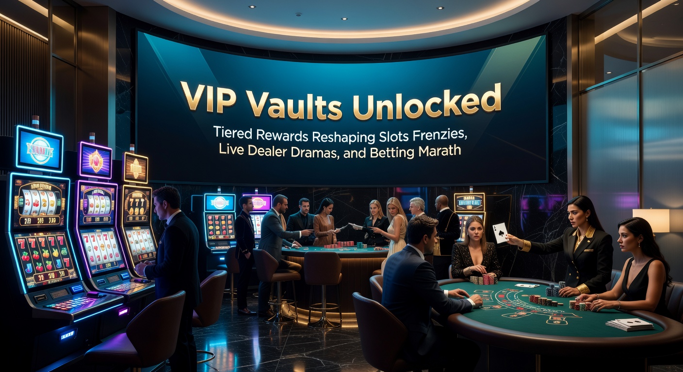 Live-Dealer-Tisch mit VIP-Spielern, die gestufte Belohnungen wie höhere Limits und persönliche Hosts erhalten, inmitten von dramatischen Blackjack- und Roulette-Runden